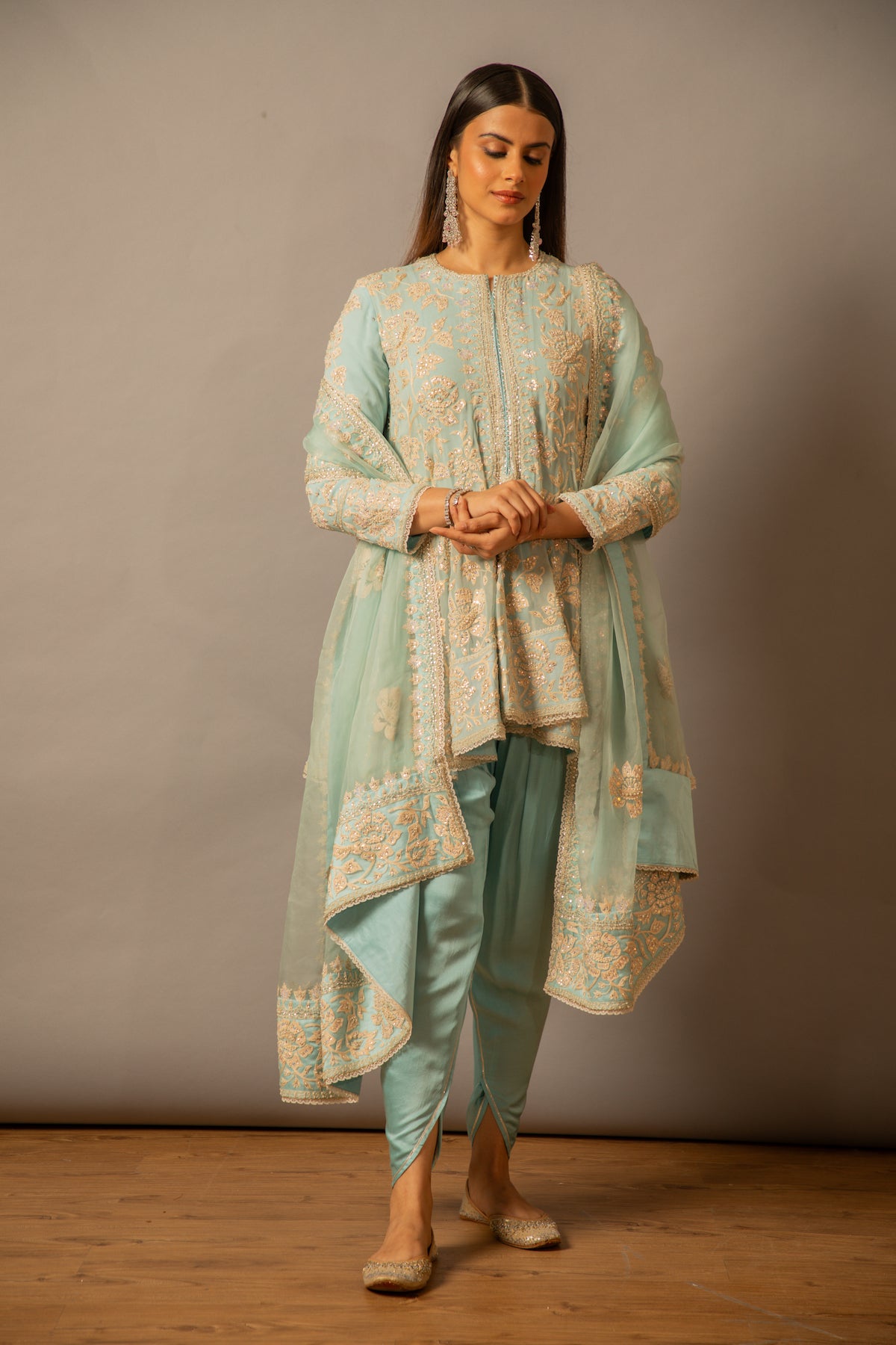 Nazrana - Flower Jaal Kalidar Set - Powder Blue