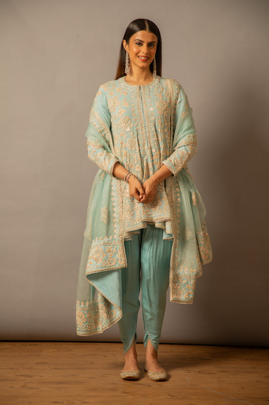 Nazrana - Flower Jaal Kalidar Set - Powder Blue