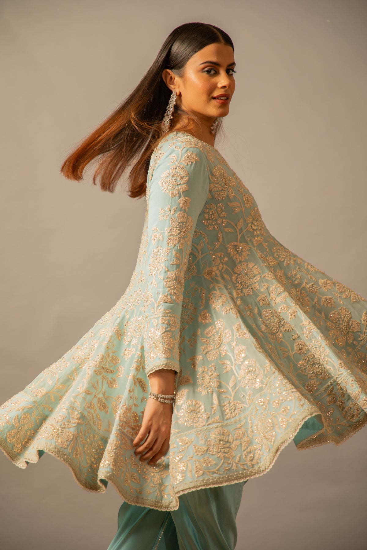Nazrana - Flower Jaal Kalidar Set - Powder Blue