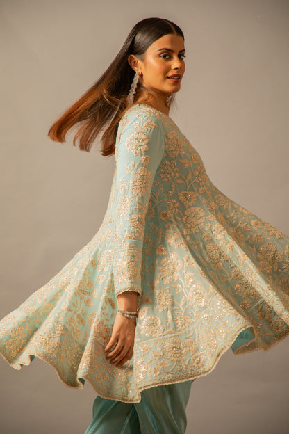 Nazrana - Flower Jaal Kalidar Set - Powder Blue