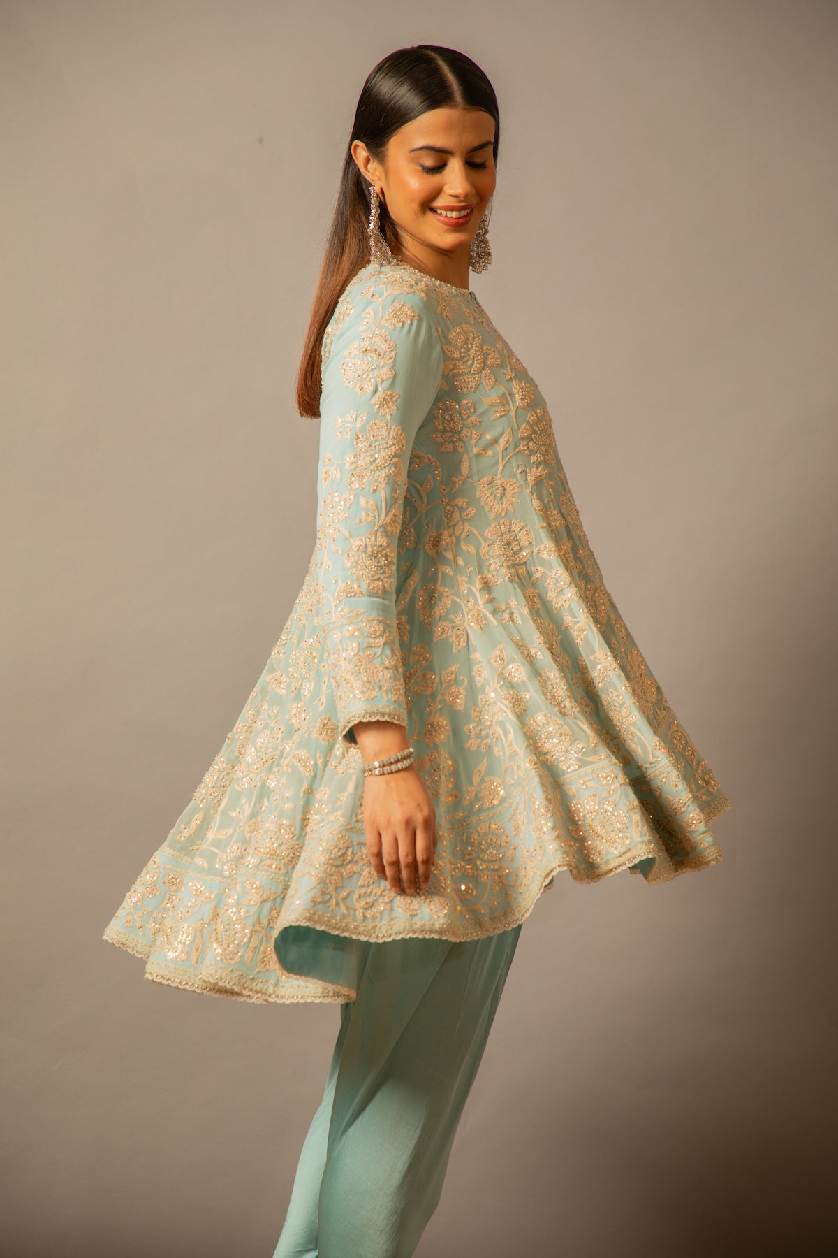 Nazrana - Flower Jaal Kalidar Set - Powder Blue
