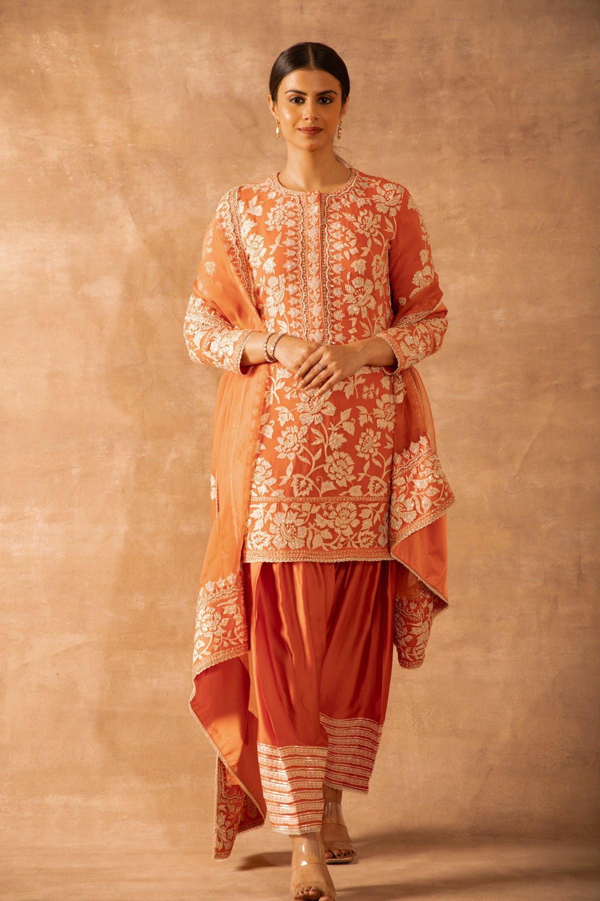 Nazrana - Flower Jaal Short Kurta Set - Peach