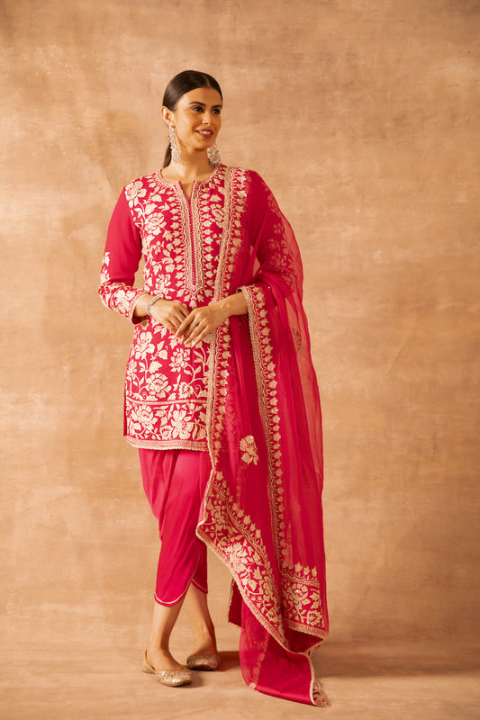 Nazrana - Flower Jaal Short Kurta Set - Magenta Pink