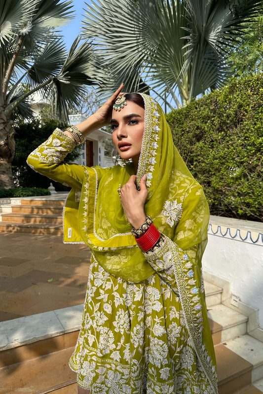 Nazrana - Flower Jaal Kalidar Set - Mehndi Green