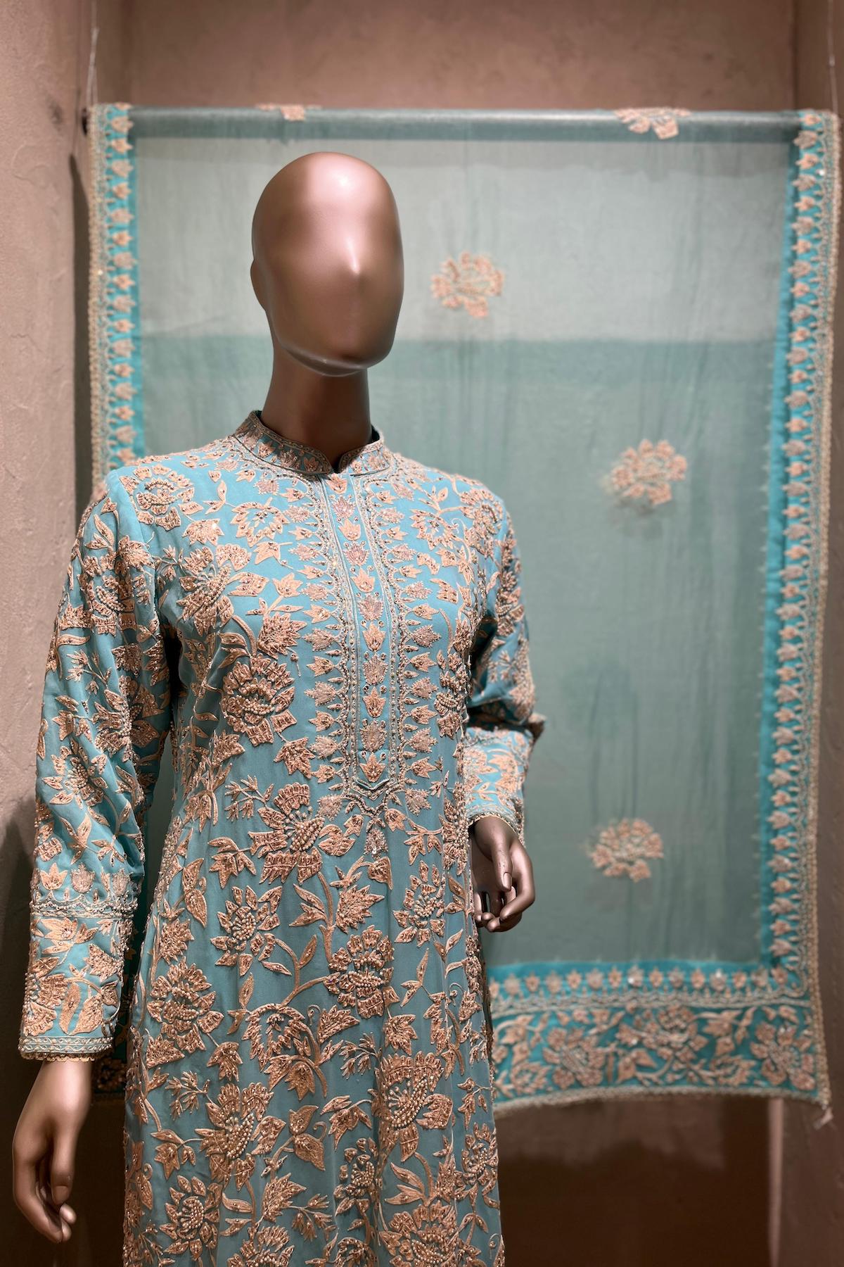 Nazrana - Flower Jaal Long Kurta Set - Aqua