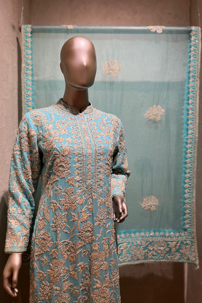 Nazrana - Flower Jaal Long Kurta Set - Aqua