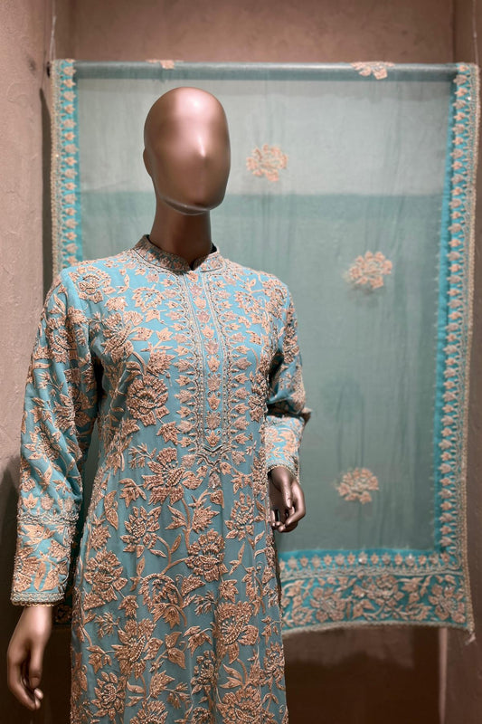 Nazrana - Flower Jaal Long Kurta Set - Aqua