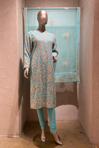 Nazrana - Flower Jaal Long Kurta Set - Aqua